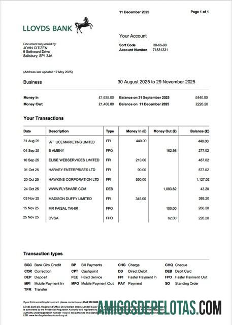 Extrato de conta do Lloyds Bank em branco no Reino Unido modelo Word e PDF